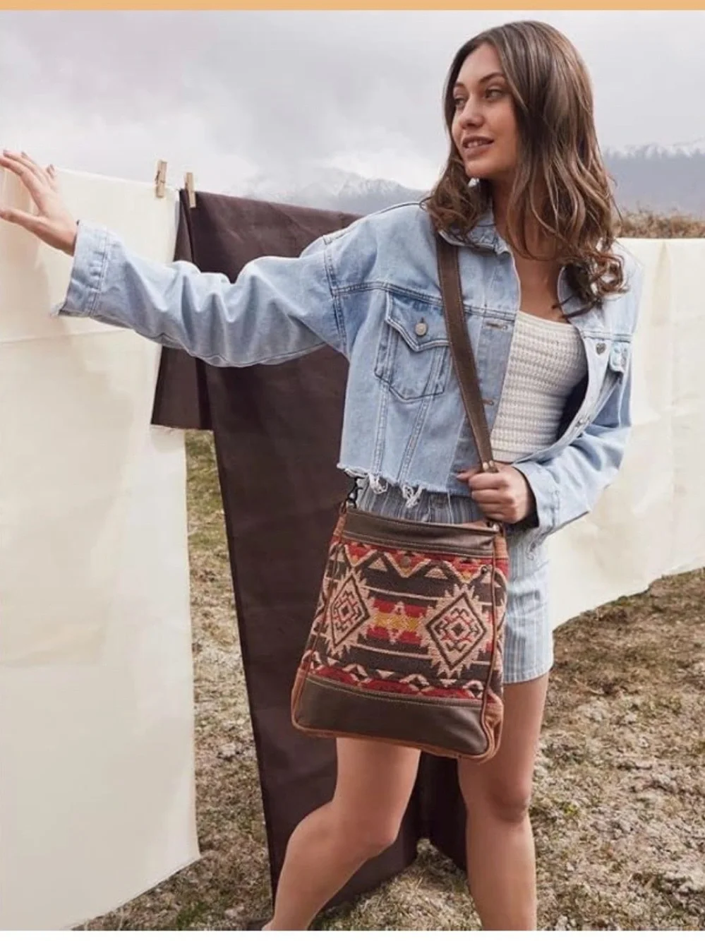 Myra Bag Carolina Shades Western Leather Bag Upcycled Canvas Crossbody Bag